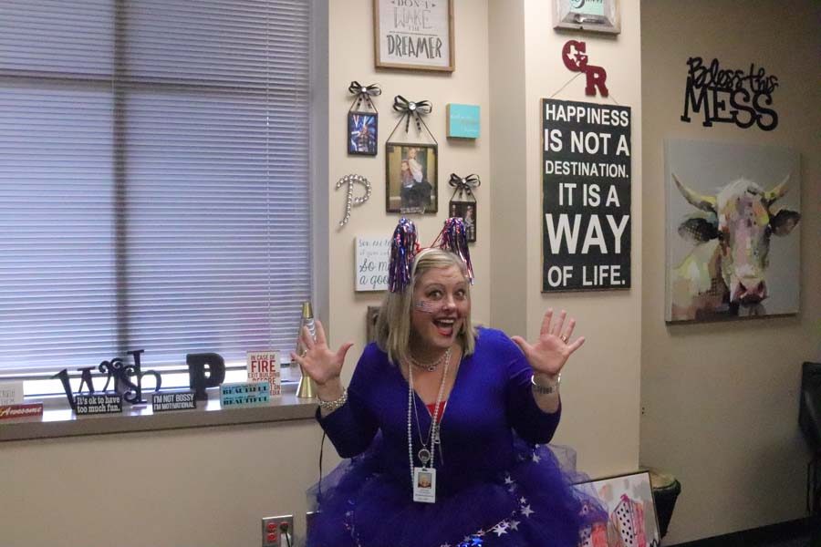 Mrs. Patterson is George Ranchs newest Principal and she is showing off one of her many tutus and school spirit on one of the first spirit days this school year.
